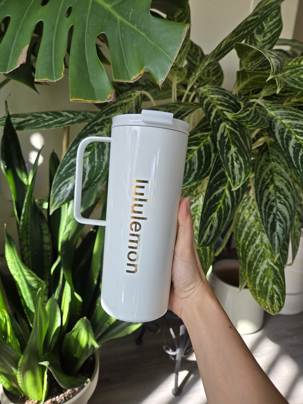 lululemon athletica White Travel Tumbler with Gold Logo and Handle